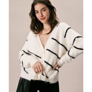 NWT Rihoas White & Black Stripe Fluffy Oversized Cardigan Size M